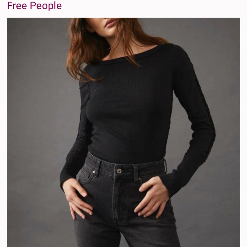 NWT Free People We The Free Daisy Chain Cuff Blouse Top Ribbed Black
